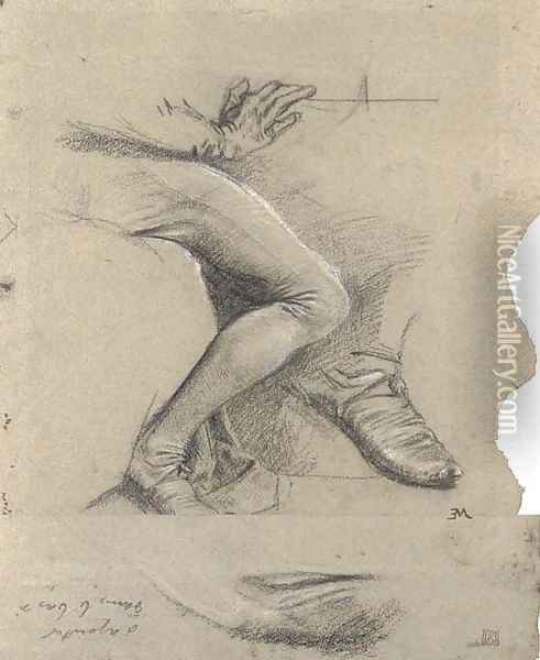 Study of the lower arm and right leg of a seated man, with a subsidiary studies of his shoe and of drapery Oil Painting - Jean-Louis-Ernest Meissonier