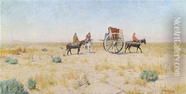 Reiter Und Pferdefuhrwerk Vor Weiter Steppe Oil Painting - Sergei Ivanovich Svetoslavsky