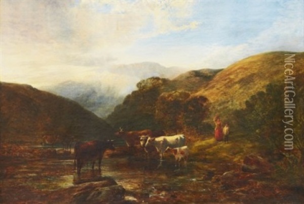 Kor I Landskap Med Berg I Fjarran Oil Painting - George Vicat Cole