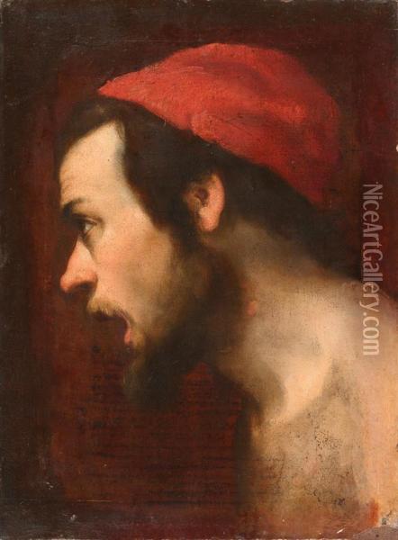 Portrait Of A Man In A Red Hood. Oil Painting - Anielo Falcone