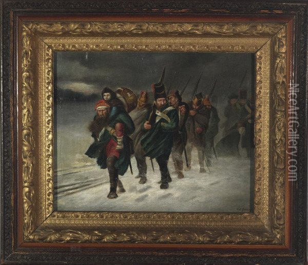 Troops Retreating In The Snow Oil Painting - James Bell Anderson