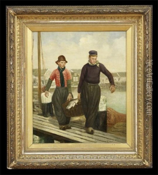 Two Fishermen With Their Catch Oil Painting - Henri Jacques Bource