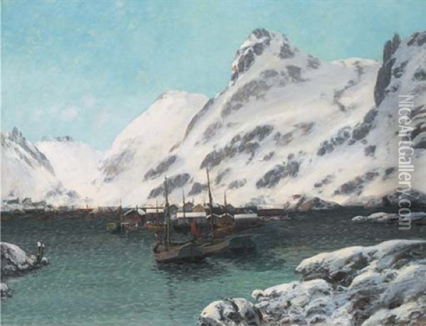 A Norwegian Fishing Village In The Snow Oil Painting - Sigvald Simensen