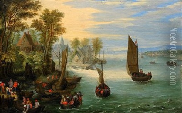 Kustlandskap Med Fartyg Och Fiskare Oil Painting - Peter Gysels