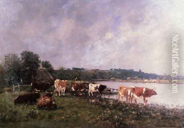 Cows on the Riverbanks of the Touques Oil Painting - Eugene Boudin