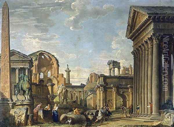 Architectural Capriccio 1730 Oil Painting - Giovanni Paolo Pannini