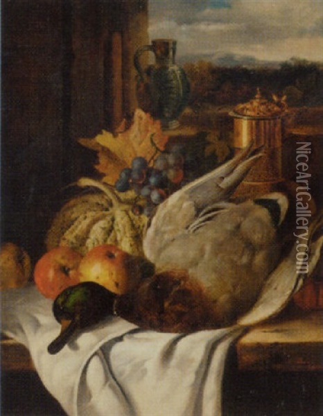 Grapes, Apples, A Gourd, A Tomato, A Mallard, A Tigerware Jug And Flagon On A Wooden Ledge Oil Painting - Edward Ladell