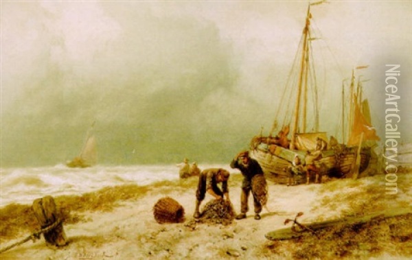 Fishermen Bringing In The Catch Oil Painting - Johannes Hermanus Barend Koekkoek