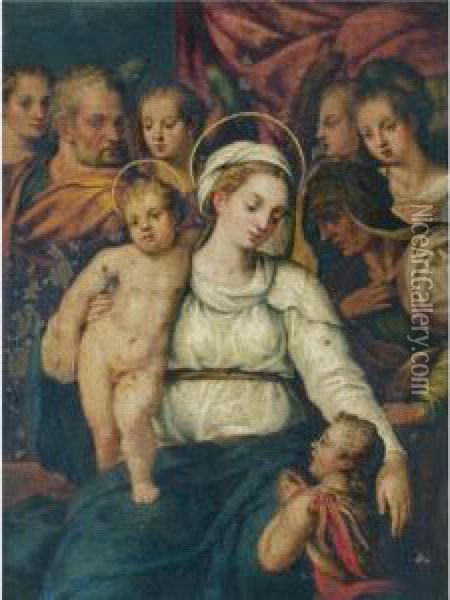 Holy Family With Saint Elizabeth
 And The Infant Saint John The Baptist And Various Angels Oil Painting - Lavinia Fontana