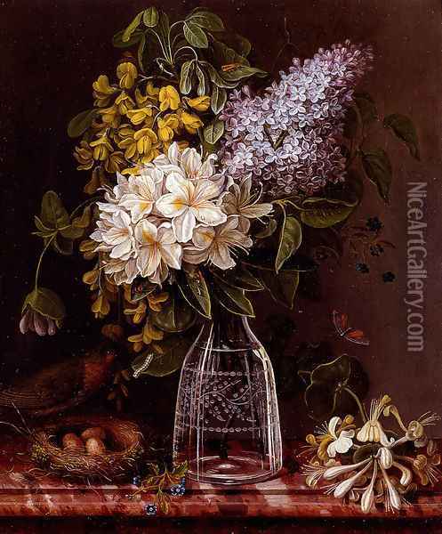 Still Life Of Lilacs And Other Flowers In A Glass Vase, Sprigs Of Honeysuckles, And A Bird Perched On A Nest, All Resting On A Marble Ledge Oil Painting - Theodore Jozef Sax