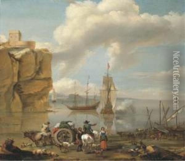 A Coastal Landscape With A 
Horseman, A Wagoner, Herdsmen Andstevedores, Three-masters And Mountains
 Beyond Oil Painting - Abraham Jansz Begeyn