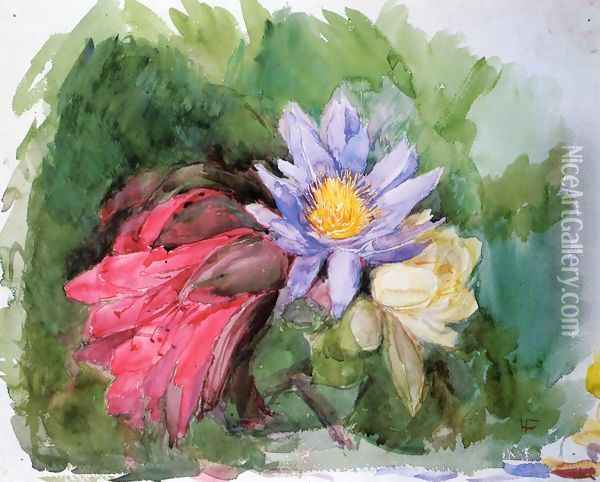 Water Lilies And Hibiscus Oil Painting - John La Farge