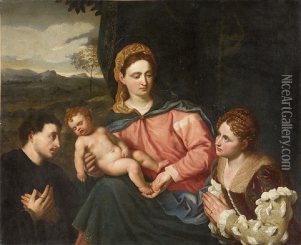 Madonna With Child And Donors Oil Painting - Paris Bordone