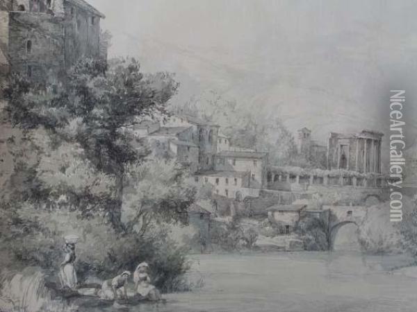Les Lavandieres A Tivoli Oil Painting - Achille Vianelli