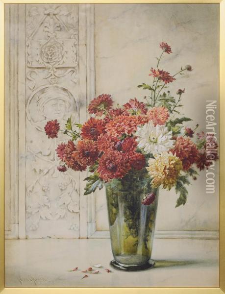 Still Life Of Dahlias And Other Flowers In A Glass Vase Oil Painting - Helen Cordelia Coleman Angell