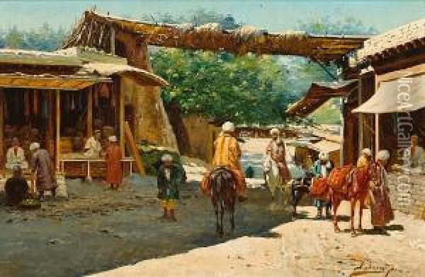Horsemen And Figures At A Town Gate Oil Painting - Richard Karlovich Zommer