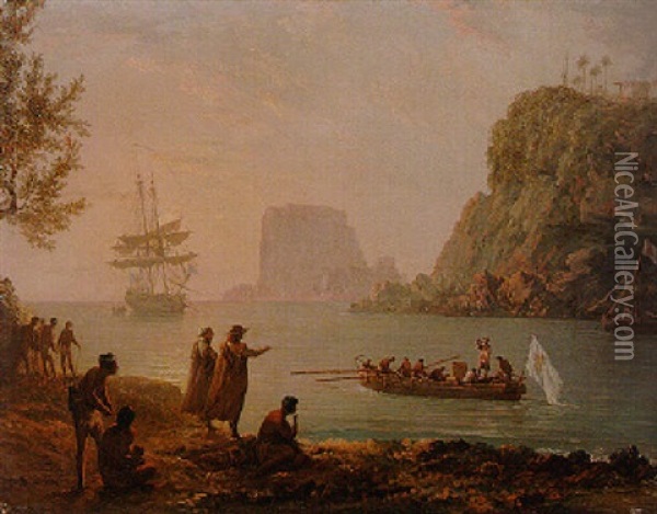 A Tropical Coastline With Sailors Hailing Traders And Natives From A Rowing Boat Oil Painting - Pierre Ozanne