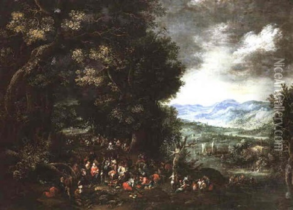 St. John The Baptist Preaching In A Wooded Landscape, An Extensive River Valley Beyond Oil Painting - Johannes Jakob Hartmann
