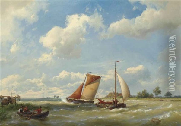 Dutch Barges In Choppy Waters Oil Painting - Hermanus Koekkoek the Elder