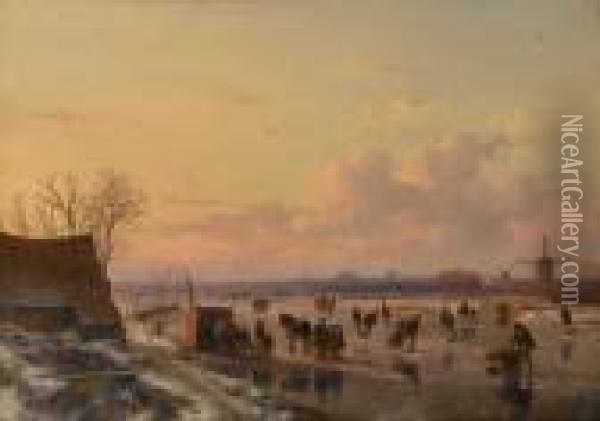 Winter Landscape With Skaters, Haarlem In The Distance Oil Painting - Andreas Schelfhout