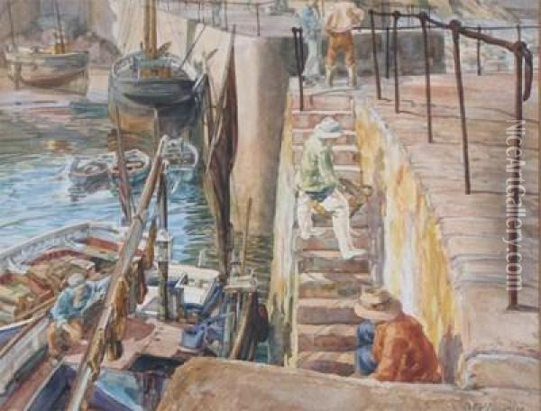 Cornish Fishermen On The Harbour Oil Painting - John Mckirdy Duncan