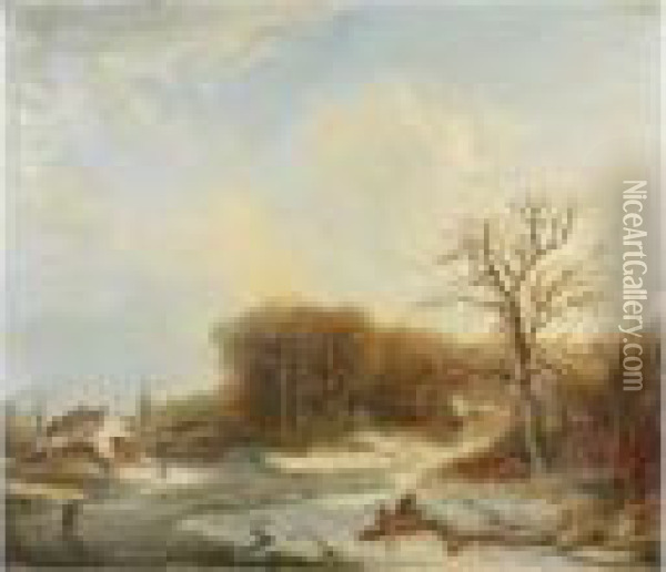 Winter Landscape With Figures Oil Painting - Andreas Schelfhout