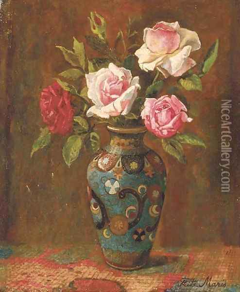 Rozen roses in a cloissone vase Oil Painting - Frits Maris