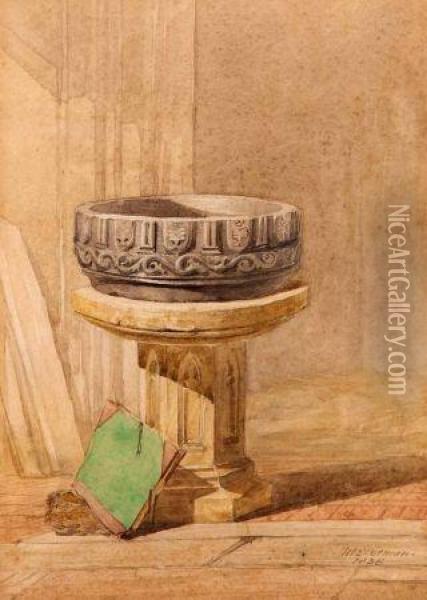 Font, Great Plumstead Church Oil Painting - Miles Edmund Cotman