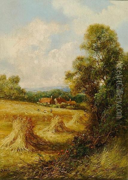 Landscape With Harvesters And Cornstooks; Landscape With Haymakers Oil Painting - G. Leslie