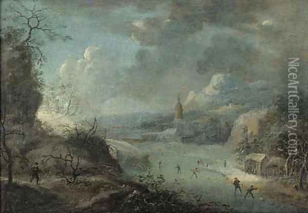 A mountainous winter landscape with skaters on a frozen river, a church beyond Oil Painting - Johann Christian Vollerdt or Vollaert