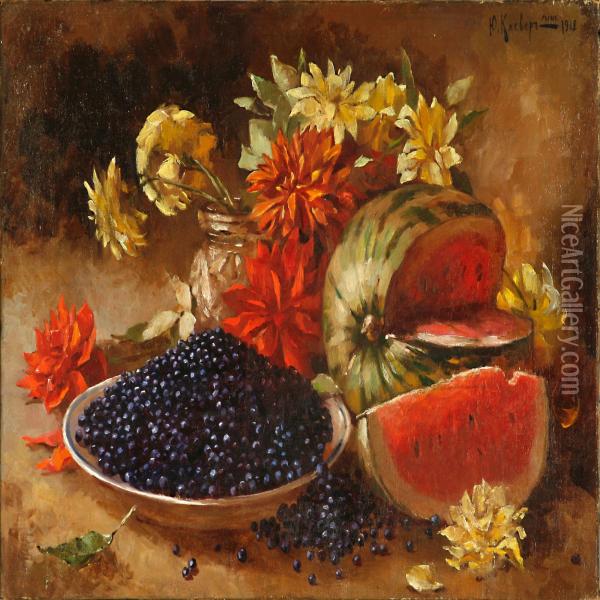 Still Life With Flowers, Blueberry And Watermelon Oil Painting - Juliy Julievich Klever Ii