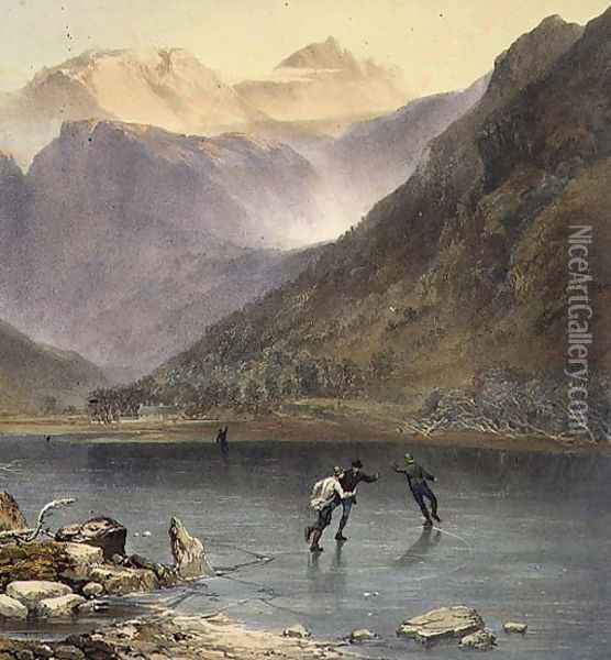 Brothers Water, detail of ice skaters, from The English Lake District, 1853 Oil Painting - James Baker Pyne