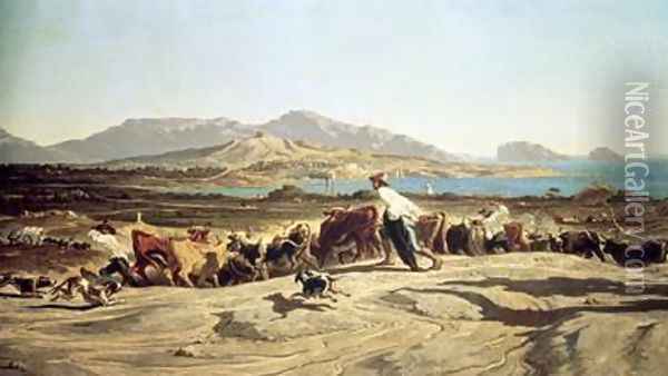 Cattle herding near Marseilles 1853 Oil Painting - Emile Loubon