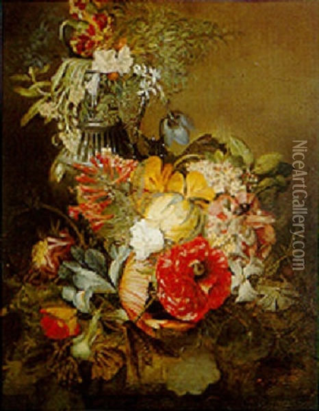 Fruit And Floral Still Life On Carved Table Oil Painting - William Dexter