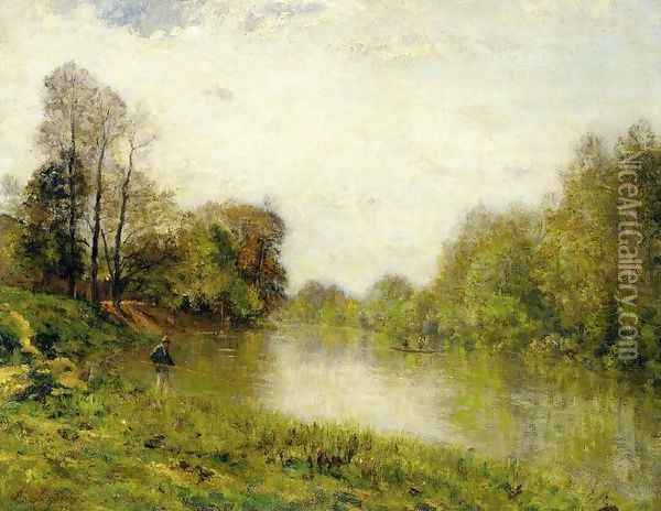 The Marne at Charenton, A Fisherman Oil Painting - Stanislas Lepine