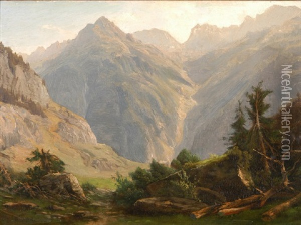 Blick Von Einer Alp In Ein Gebirgstal Oil Painting - Alexandre Calame