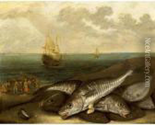 A Still Life With Haddock And 
Plaice On A Beach, Together With Fishmongers Selling Their Catch And 
Sailing Vessels At Sea In The Background Oil Painting - Jakob Gillig