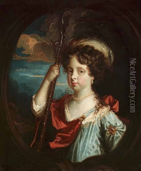 Portrait Of A Young Girl, 
Bust-length, In Blue And Red Robes With A Plumed Headdress And Holding A
 Shepherd's Crook, In A Painted Cartouche Oil Painting - Jacob Huysmans