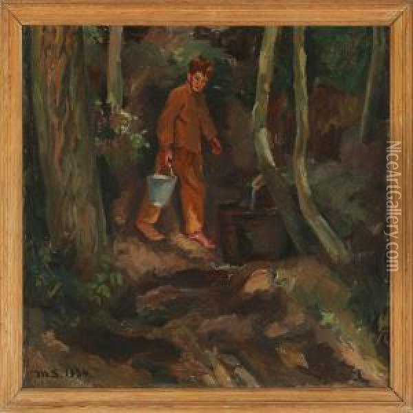 A Boy Fetching Waterin The Forest Oil Painting - Anna Marie Sandholt