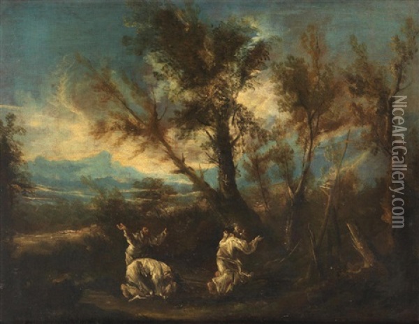 Monks Praying In A Landscape Oil Painting - Alessandro Magnasco