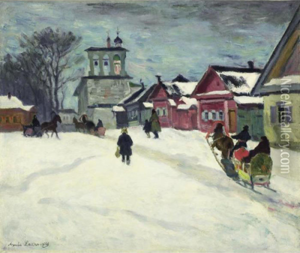 Russian City In The Snow Oil Painting - Arnold Borisovic Lakowskij
