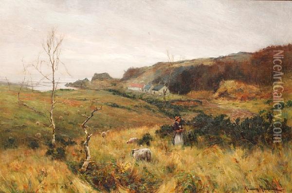 A Coastal Hamlet, With A Girl Tending Sheep Tothe Foreground Oil Painting - Kenneth Mackenzie