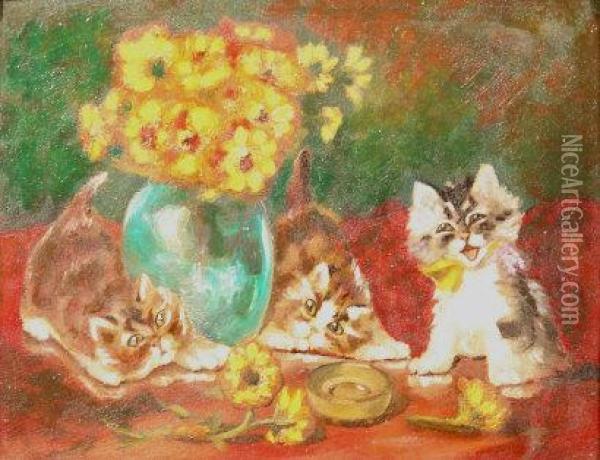 Three Kittens And Flowers In A Vase Oil Painting - Louis William Wain