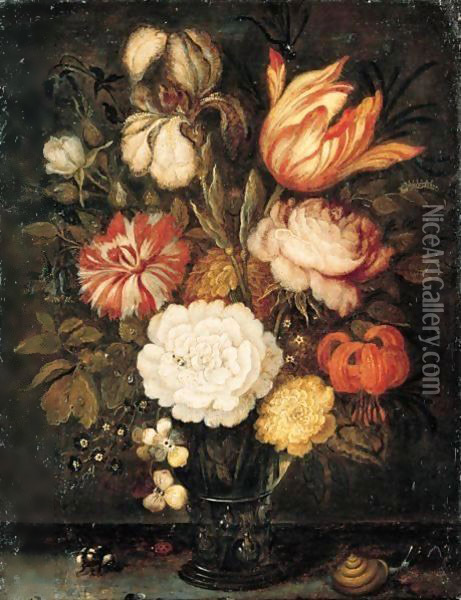 A Still Life With Roses, A Tulip, An Iris And Other Flowers Together In A Roemer On A Stone Ledge, With A Snail, A Bee And A Ladybird Oil Painting - Balthasar Van Der Ast