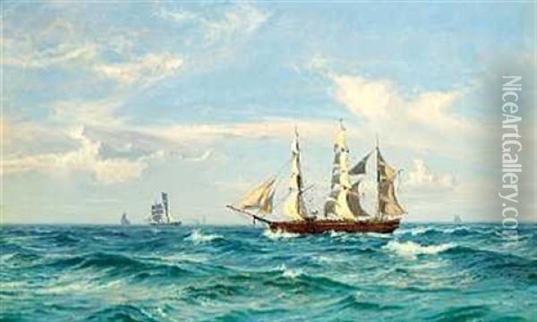Marine Med Talrige Sejlskibe Pa Havet Oil Painting - Vilhelm Karl Ferdinand Arnesen