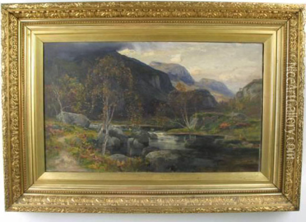 Flyfisherman On Stream In Summer Mountain Landscape Oil Painting - George Gray