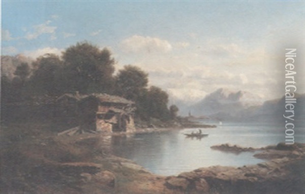 An Alpine Landscape With An Abandoned Cottage On The Lake's Edge And Figures In A Dinghy In The Foreground Oil Painting - Leberecht Lortet