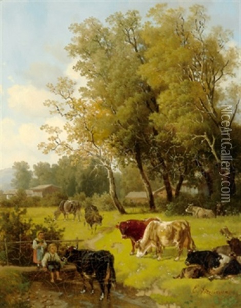 Landschaft Mit Kuhen Und Kindern Oil Painting - Eduard Goetzelmann