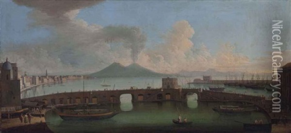 A View Of The Bay Of Naples With The Ponte Nuovo, Vesuvius Beyond Oil Painting - Gabriele Ricciardelli