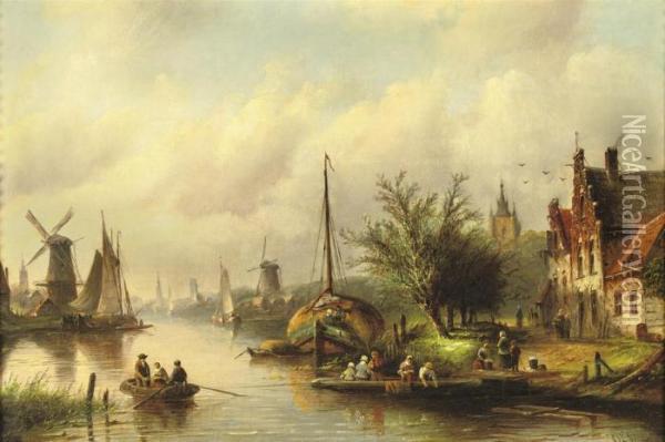 A Ferry In A Riverside Town In Summer Oil Painting - Jan Jacob Coenraad Spohler